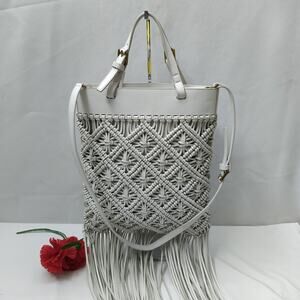 Tory Burch White Leather Woven Braided Macramé Fringe Limited Ed Crossbody Bag